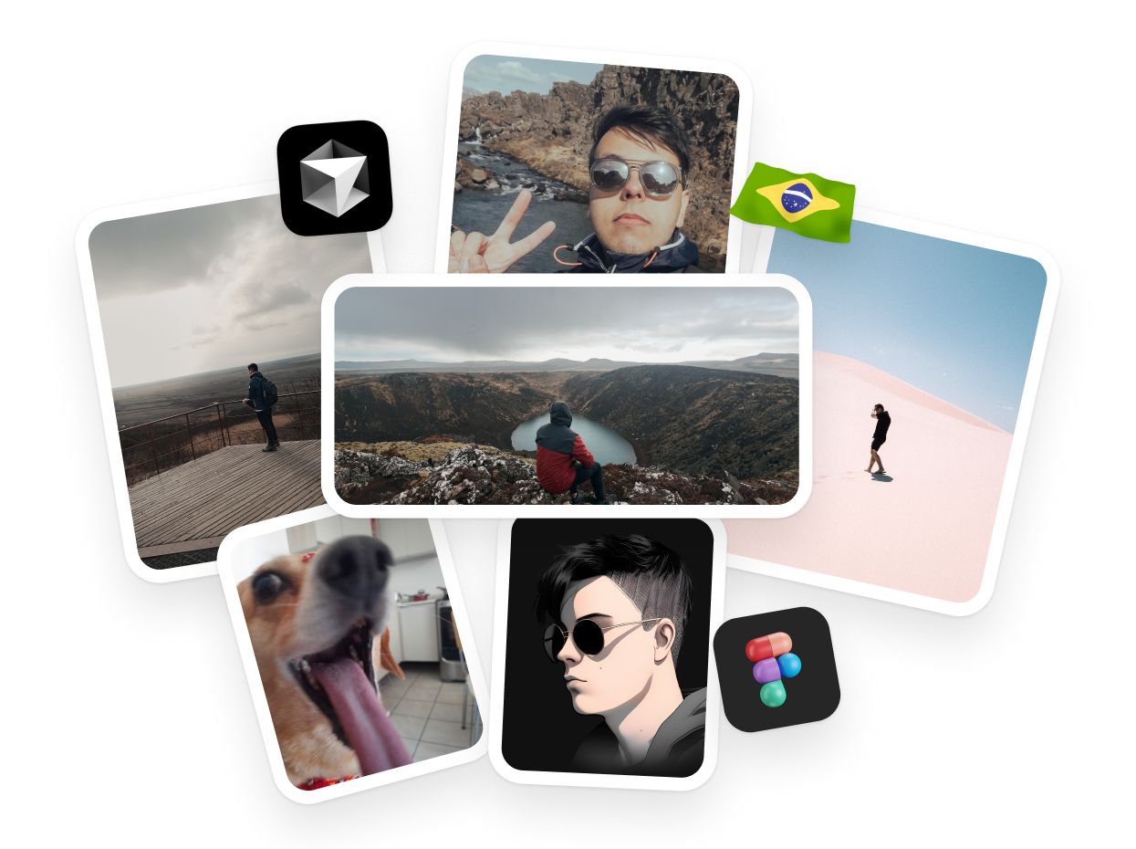 Uma colagem de viagens, retratos e interesses de Lucas