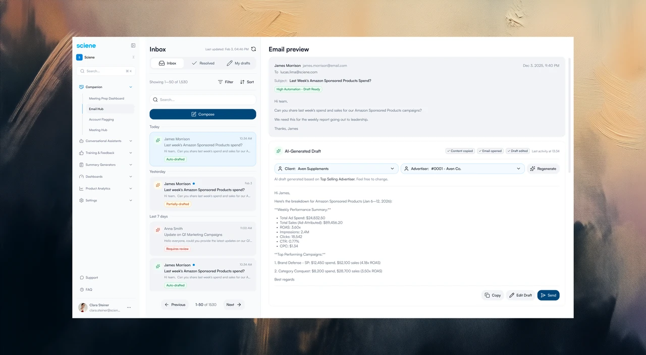 Email Hub inbox: draft states, client and advertiser context, and controls for reviewing the reply.